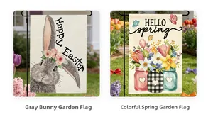 Détail de drapeaux de jardin de Pâques avec motifs lapin et fleurs sur lin pur