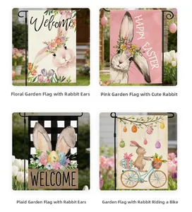Quatre drapeaux de jardin de Pâques avec motifs de lapins, oeufs colorés et détails floraux