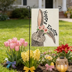 Détail du drapeau de jardin de Pâques avec lapin gris, couronne et texte Happy Easter
