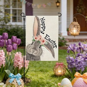 Drapeau de jardin lapin de Pâques en lin double face avec fleurs et texte Happy Easter