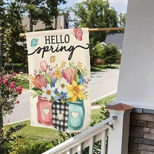 Drapeau de jardin extérieur avec texte Hello Spring et fleurs sur un mât de terrasse