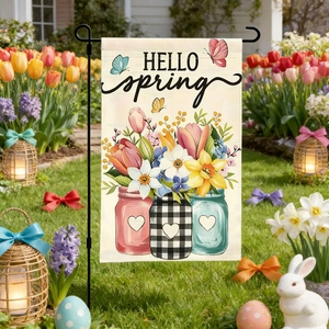 Spring garden flag detail with Hello Spring text, mason jars and vibrant floral patterns