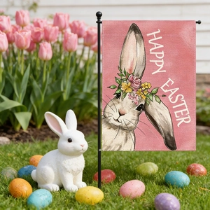 Detailed texture of Easter garden flag with bunny illustration and Happy Easter text