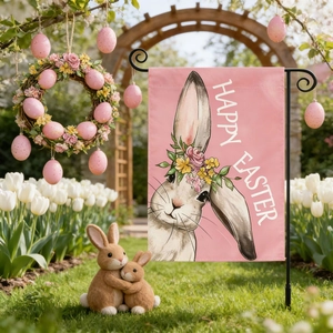 Drapeau de jardin de Pâques en lin rose double face avec motif lapin et Happy Easter