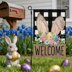 Détail du drapeau de jardin de Pâques en lin avec motif écossais et fleurs colorées de bienvenue