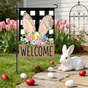 Detailed view of the double-sided linen Easter garden flag with cute bunny and colorful eggs
