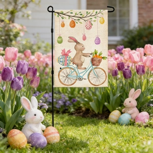 Drapeau de Jardin de Pâques Recto Verso en Lin Lapin de Printemps Motif Floral Décoration Suspendue Extérieure Sans Mât