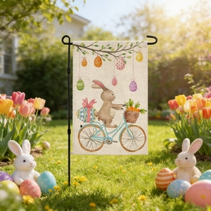 Drapeau de jardin de Pâques double face en lin avec lapin et œufs et support en métal