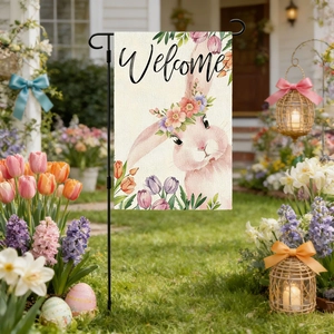 Drapeau de jardin de Pâques avec motif lapin aquarelle et texte Welcome pour extérieur