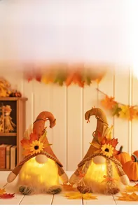 Close-up of glowing gnome dolls with sunflower maple leaf hats for Thanksgiving decor
