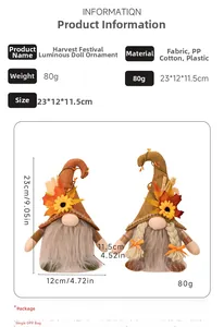 Detailed size and specs for lighted Fall Harvest gnome plush with sunflower details