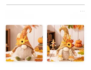 Close-up of glowing autumn harvest gnomes with sunflowers and festive fall decorations