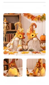 Detail of light-up autumn harvest gnomes with sunflowers and maple leaves for home decor