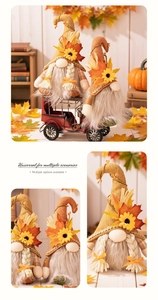 Close-up of autumn gnomes with maple leaves and sunflowers for harvest festival decor