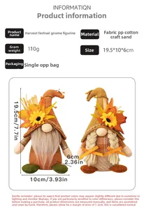 Specifications of Harvest Gnome figurines featuring sunflowers, maple leaves, and wheat details