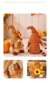Detailed close-up of autumn gnomes featuring sunflowers, maple leaves and braided fabric