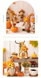 Detail of fall gnome plush figurines featuring sunflowers and maple leaves for home decor