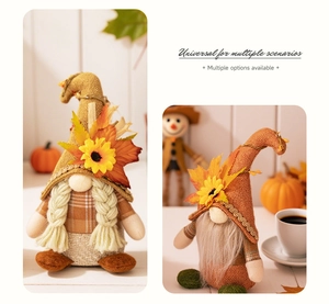 Macro shot of fall gnomes with sunflowers and maple leaves on a cozy harvest table