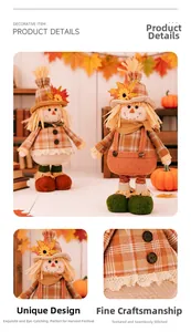 Detail of harvest scarecrow gnomes with maple leaf hats and plaid shirts for Thanksgiving