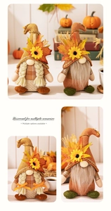 Detail of Fall Thanksgiving gnomes with sunflower and maple leaf on warm harvest decor