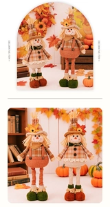 Detail view of Thanksgiving scarecrow gnome dolls with sunflower and maple leaf decor