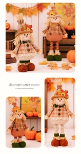 Detail of harvest scarecrow gnomes with maple leaf decor and sunflower accents