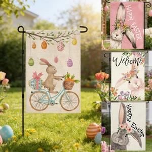 Double Sided Easter Rabbit Garden Flag Linen Spring Decorative Yard Flag Outdoor Home Decor Bunny Egg Floral Welcome Sign