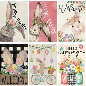 Lot de 6 drapeaux de jardin de Pâques double face en lin avec lapins et motifs printaniers