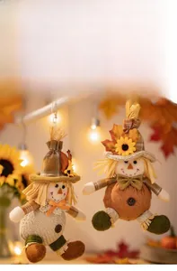 Macro detail of Thanksgiving scarecrow gnomes with burlap texture and sunflower accents