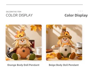 Detail display of fall scarecrow gnomes with orange and beige fabrics and maple leaves
