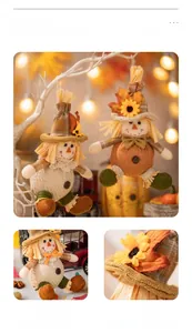 Close-up of handmade harvest scarecrow ornament with autumn maple leaves and sunflower