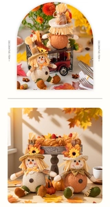 Detail of harvest scarecrow figurines with autumn leaves and burlap fabric decoration
