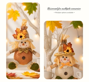 Detail of scarecrow plush ornaments with sunflowers and maple leaves on white branches