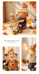 Detailed close-up of autumn scarecrow plush figures with maple leaves and burlap textures