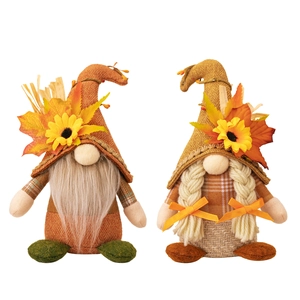Harvest gnome plush pair with sunflowers and maple leaves for autumn farmhouse decor