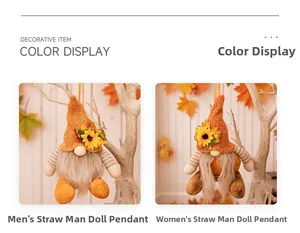 Detail view of male and female autumn harvest gnomes with sunflowers and maple leaves