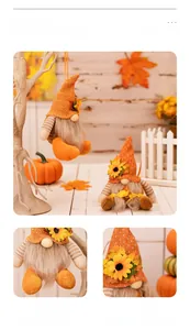 Hanging Fall gnome plush with sunflower knit hat and pumpkin harvest decor details