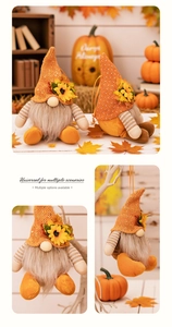Detail of harvest gnome ornaments with knit hats, autumn maple leaves and sunflower accents