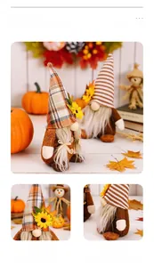 Detail shot of harvest gnome dolls featuring sunflower motifs and autumn knit textures