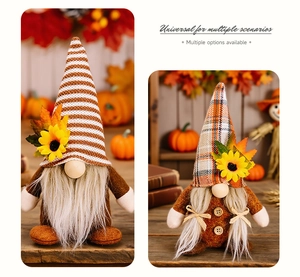 Detail of harvest gnomes with striped and plaid hats featuring sunflower and maple leaf accents