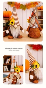 Detail view of Thanksgiving faceless gnomes with sunflower and maple leaf decorations