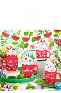 Detail of summer watermelon milkshake cup decor with 3D cream topping for tiered tray