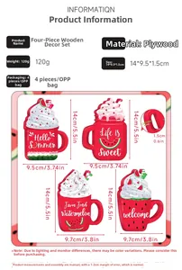 Size chart for 4pcs watermelon theme wooden ornaments with detailed plywood dimensions