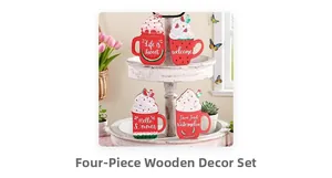 Detail of four-piece wooden watermelon decor set displayed on a layered white tray