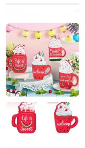 Detailed view of summer watermelon themed wooden mug ornaments for tiered tray decor