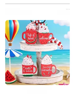 Detailed view of summer watermelon wooden tray decor set with Hello Summer slogan