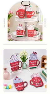 Detail of 4pcs wooden watermelon tiered tray decor with summer slogans on stand