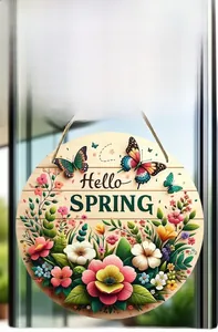 Detail of wooden Hello Spring hanging sign featuring colorful flowers and butterflies