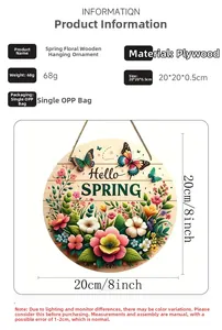 Detailed specs for 20cm Hello Spring round wooden sign with floral and butterfly patterns