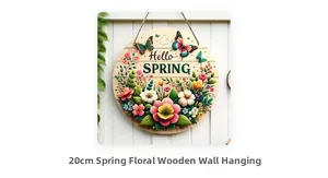 Close-up of a 20cm wooden Spring hanging sign with colorful flowers and Hello Spring text